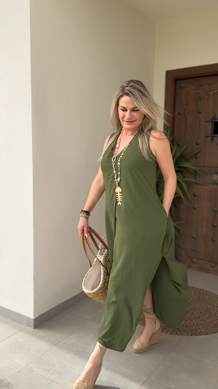 Midi Dress Outfit Vestido Verde Militar Largo Vestido Casual