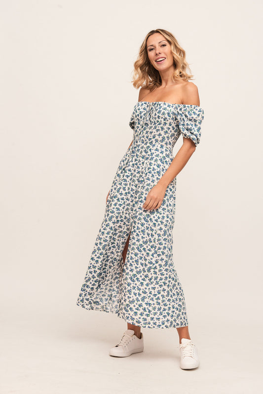 VESTIDO BLANCO FLORES AZUL